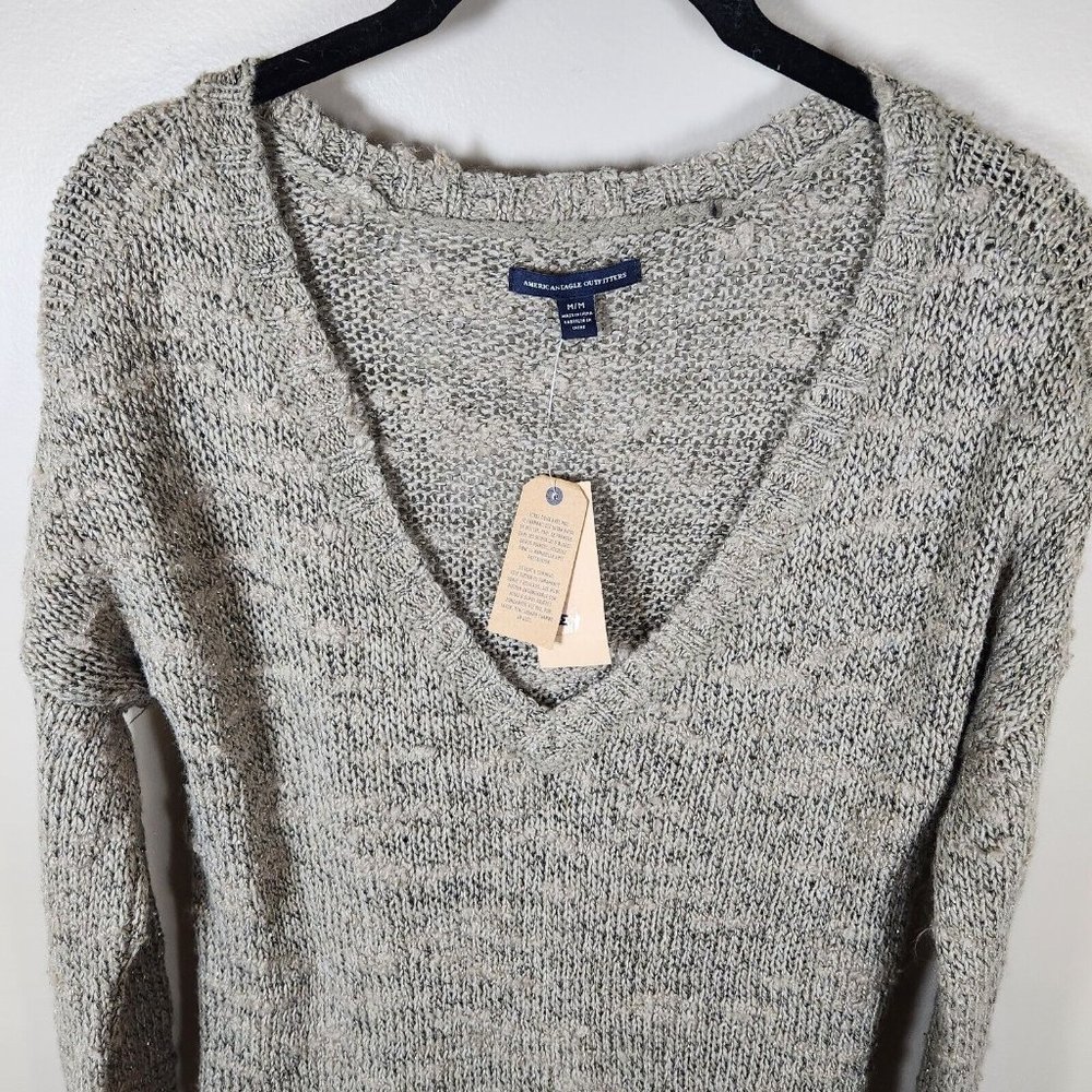 American Eagle Tunic Sweater Womens Beige Deep V Neck Knit Cottagecore Y2K New - Picture 5 of 15